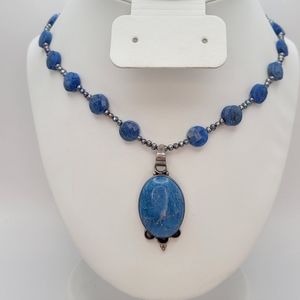 Sterling Silver Blue Stone Grey Mini Pearls Chocker Necklace